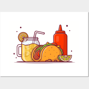 Taco Mexican Food with Lemonade and Ketchup Cartoon Vector Icon Illustration Posters and Art